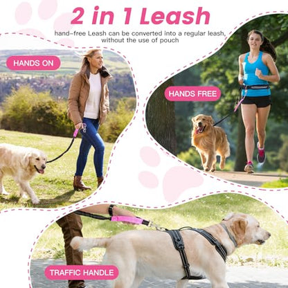 Waist Leash for Medium Large Dog Walking, Bungee Hands Free Leash with Zipper Pouch, Around The Waist No Pull Running Dog Belt, Padded Handle Jogging No Hands Heavy Duty - color: Rose