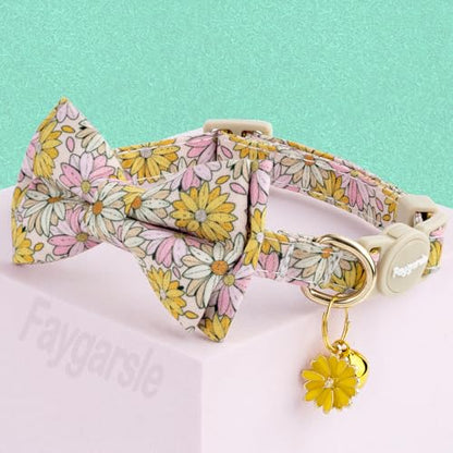 Faygarsle 2 Pack Floral Cat Collar Set with Bandana and Bow Tie, Pink and Yellow Daisy Pattern, Breakaway Safety Buckle - color: Yellow Flower