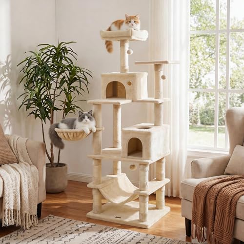 PETSITE 66 Inches Tall Cat Tree, Multi-Level Cat Tower with Sisal Scratching Posts, Side Basket, 2 Comfy Condos, Hammock, Soft Padded Top Perch, and Hanging Balls, Ideal for Indoor Cats (Beige) - color: Beige