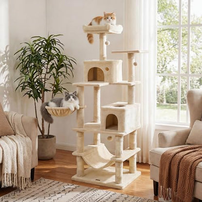 PETSITE 66 Inches Tall Cat Tree, Multi-Level Cat Tower with Sisal Scratching Posts, Side Basket, 2 Comfy Condos, Hammock, Soft Padded Top Perch, and Hanging Balls, Ideal for Indoor Cats (Beige) - color: Beige
