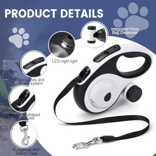 Dual Retractable Dog Leash for 2 Medium Dogs (Up to 66LBS Each) - Double Headed Pet Leash with Poop Bags and LED Light, One Button Brake & Lock, 360 Tangle-Free (White, Medium) - color: WHITE, size: Medium