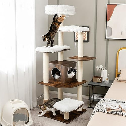 Tangkula Tall Cat Tree, 71-Inch Cat Tower with Multi-Layer Platform, Modern Wood Cat Tree with Sisal Scratching Posts, Self Groomer, Cat Condo, Washable Cushions for Large Cats 20 lbs Heavy Duty - color: Brown