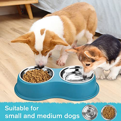 Epetslove Dog Bowls Double Dog Water and Food Bowls Stainless Steel Bowls with Non-Slip Resin Station, Pet Feeder Bowls for Puppy Medium Dogs Cats - color: 7.Lake Blue, size: Medium-18oz
