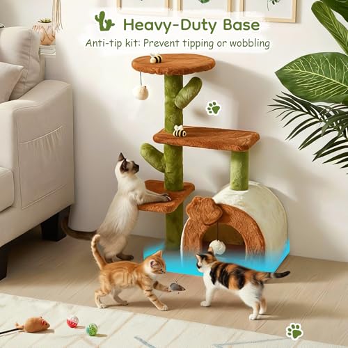 Cactus Cat Tree for Indoor Cats, 27.5'' Small Cat Tower with Cozy Condo, Wide Top Perch Multi-Level Climbing and Lounging Space, Brown - color: Brown-2