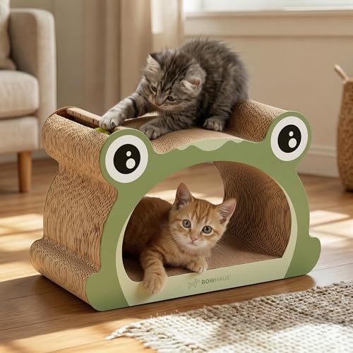BOWHAUS Frog Style Cat Scratching Board, Cat Scratcher Lounger with Play Ball for Indoor Cat, Durable & Long-Lasting Scratching Board Cardboard, Furniture Protector Scratching Pad