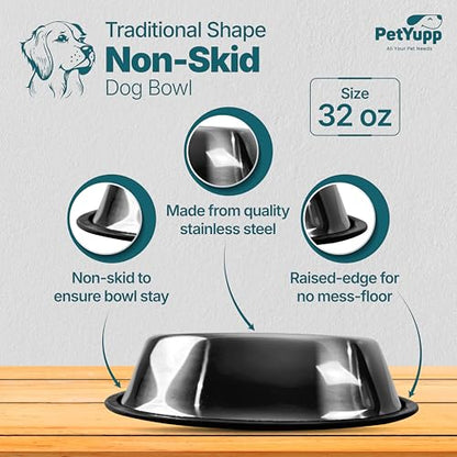 Stainless Steel Non Skid Dog Bowl – Non-Slip Rubber Base, Rust-Proof & Dishwasher Safe – Durable Food and Water Bowl for Dogs and Cats – 32oz - size: Non Skid Bowl - 32 oz