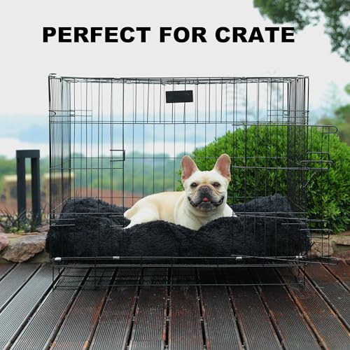 Bedfolks Waterproof Crate Pad, Plush Faux Fur Dog Bed With Removable Cover for Medium Dogs, Fluffy Washable Kennel Bed 29"x21", Black - color: Solid Black, size: Medium(29x21'')