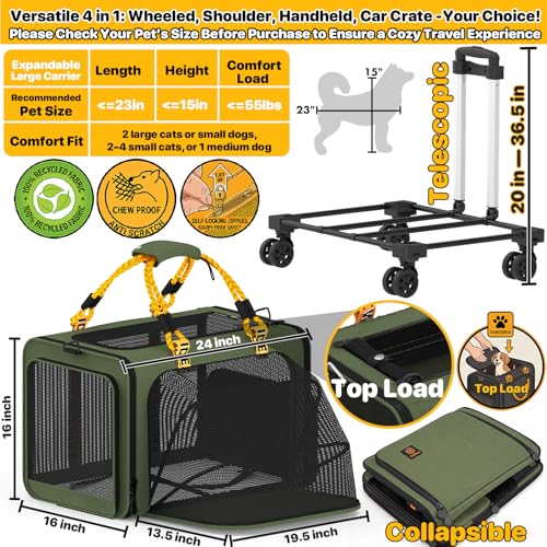 PAWZIDEA Expandable Large Pet Carrier with Wheels, 24x16x16 in Rolling Cat Carrier for 2–4 Cats up 55lb, Soft-Sided Collapsible Small Medium Dog Crate for Car Travel, Telescopic Handle, Storage Pocket - color: Dark Green-Wheels-XL