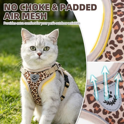 PUPTECK Cat Harness and Leash Set Escape Proof Reflective Cat Walking Harness Adjustable Soft Breathable Mesh Vest for Small Pets, Khaki Leopard Print, S - color: Khaki Leopard Print, size: S (NECK 9.5"-11", CHEST 13"-16")
