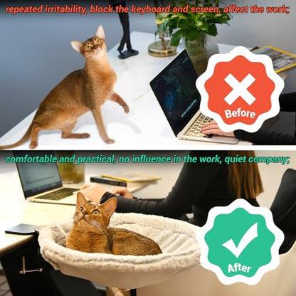 Round Cat Bed for Desk, Sturdy Elevated Pet Hammock for Small Cats, All-Season Breathable Workspace Cat Seat, Space-Saving Desk Mounted Hanging Cat Hammock, Washable Cushion, Grey - color: Rose Velvet-Slate Gray