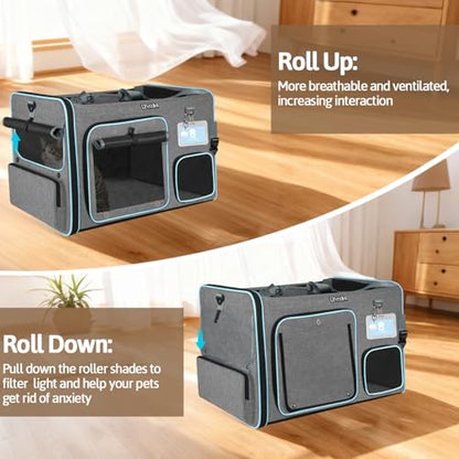 Petskd Side Expandable Extra Large Cat Car Carrier with Collapsible Litter Box for Long Distance Travel,24"x17"x17" Portable Soft Sided Pet Carrier with Roller Shades for 2 Cats Up to 55LBS(Grey) - color: grey