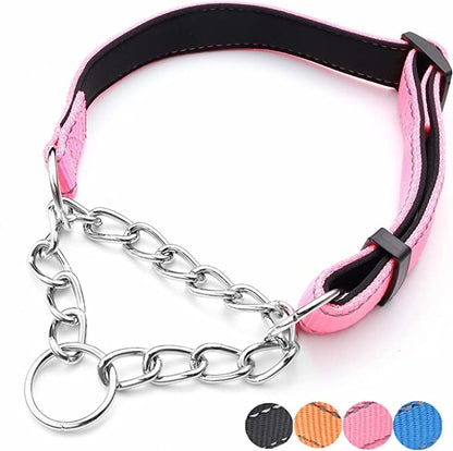 Martingale Dog Collars Adjustable Soft Nylon Reflective Collars with Stainless Steel Chain Walking Training Collars Heavy-Duty Puppy Chain Collars for Small,Medium,Large Dogs(Pink,L) - color: Pink, size: L-(dog's neck19-23inches)