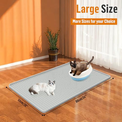 Silicone Cat Litter Mat, 34" x 20" Large Cat Litter Box Mat Litter Trapping Mat for Scatter Control, Waterproof, Soft on Kitty Paws, Clean Floor (Grey) - size: 34"L x 20"W
