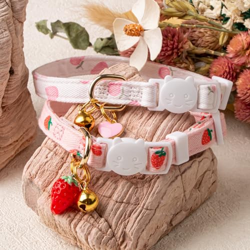2 Pack Cotton Breakaway Cat Collar Pink Strawberries and White Heart Shaped Pendant Cute Kitten Cat Collar with Bell - color: Pink&White