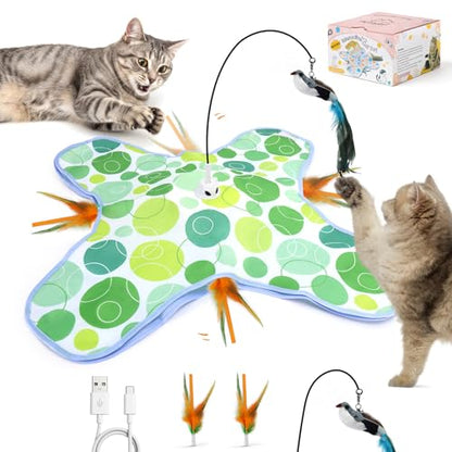 Interactive Cat Toys with Bird, Hide and Seek Cat Toy, 2 in 1 Automatic Moving Concealed Feathers for Indoor Cats, Non-Slip Suction, Touch Activated, USB Rechargeable, Green - color: Green-with Bird