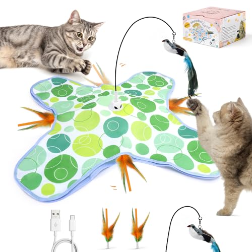 Interactive Cat Toys with Bird, Hide and Seek Cat Toy, 2 in 1 Automatic Moving Concealed Feathers for Indoor Cats, Non-Slip Suction, Touch Activated, USB Rechargeable, Green - color: Green-with Bird