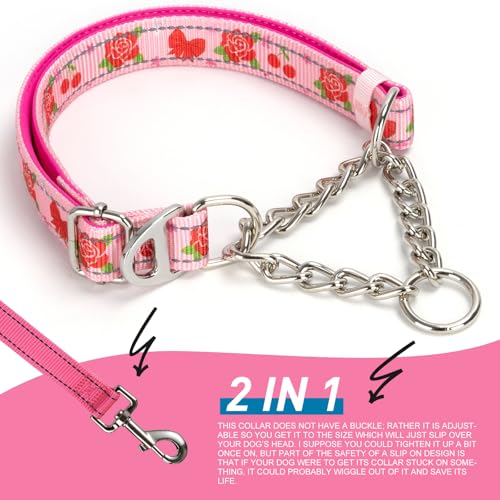 Rose Flower Pattern Martingale Collar, Reflective No-Pull Adjustable Dog Training Collar with Chain for Medium, Large & XL Breeds(Medium Rose) - color: 15, size: M(Neck12"-17")