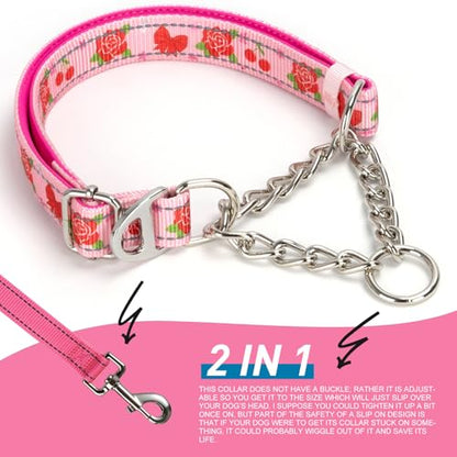 Rose Flower Martingale Dog Collar，Reflective No-Pull Adjustable Chain Collar for Medium,Large & XL Dogs (Large Rose) - color: 15, size: L(Neck15"-22")