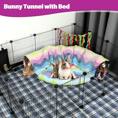 BWOGUE Bunny Tunnel Bed, 2-in-1 Collapsible Tunnel Tubes Toys with Removable Mat Hideout for Cats Kittens Rabbits Guinea Pigs Kitty - color: Rainbow