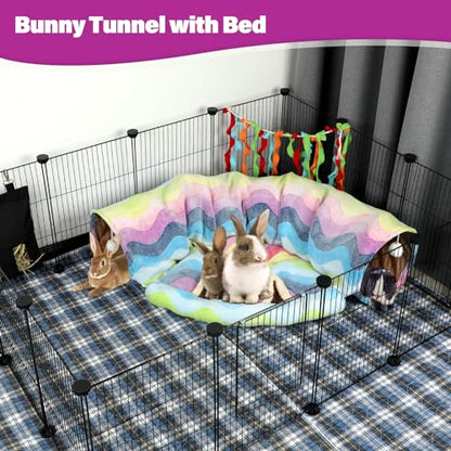 BWOGUE Bunny Tunnel Bed, 2-in-1 Collapsible Tunnel Tubes Toys with Removable Mat Hideout for Cats Kittens Rabbits Guinea Pigs Kitty - color: Rainbow