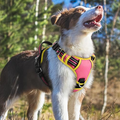 rabbitgoo Dog Harness Medium Sized, No Pull Dog Vest with 3 Buckles, Adjustable Soft Padded Pet Harness with Easy Control Handle and Reflective Strips, Pink & Yellow, M - color: Pink & Yellow, size: Medium