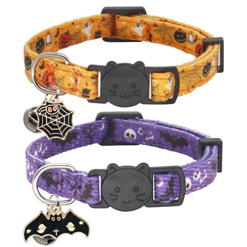 Halloween Cat Collar, Cotton 2 Pack Cat Collar with Bells, Breakaway Collars for Girl Boy Cats Kittens, Halloween Purple - color: Halloween Purple