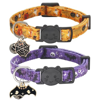 Halloween Cat Collar, Cotton 2 Pack Cat Collar with Bells, Breakaway Collars for Girl Boy Cats Kittens, Halloween Purple - color: Halloween Purple