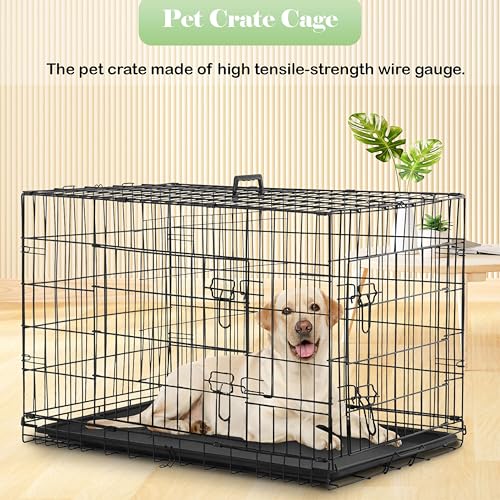 24/7 Shop at Home Gossamer Metal Double Door Folding Wire Pet Crate with Divider, Removable Tray, and Handle for Outdoor and Indoor Medium Dog, 48-inch, Black - size: 47.2"L x 28.9"W x 30.9"H
