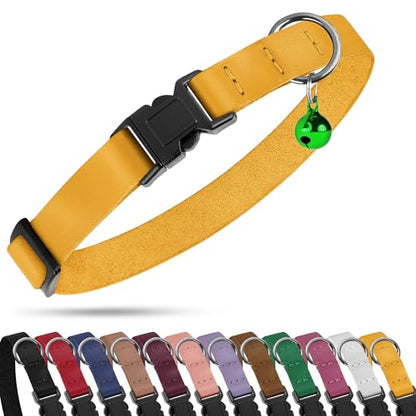 Breakaway Cat Collar with Bell - Leather Adjustable Kitten Collars with Safety Quick Release Buckle - Soft Small Pet Collars for Girl & Boy Cats (Yellow) - color: Yellow