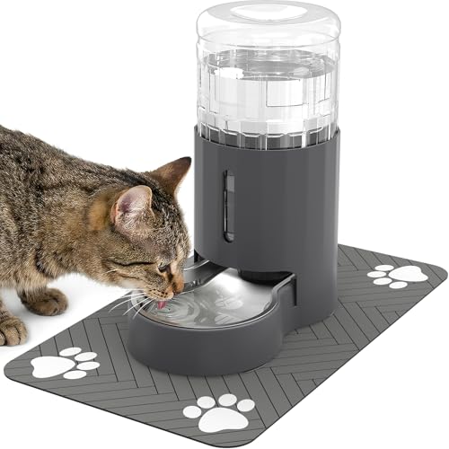 JUNSPOW Cat Water Dispenser with Placemat and Stainless Steel Bowl, Automatic Gravity Water Dispenser for Cats or Small Medium Size Dogs, Large Capacity, Easy to Clean and Safe for Pets (4L) - color: Grey, size: 4L+Mat