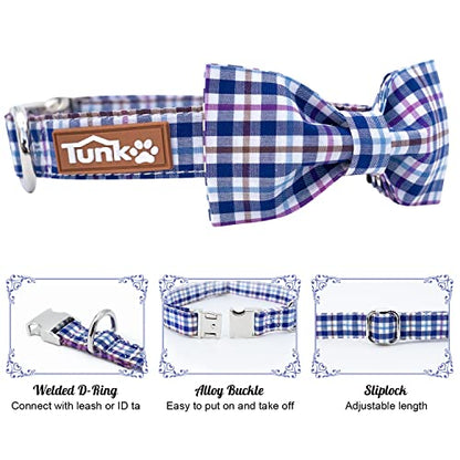 Tunkoo Dog Collar with Bow Tie Elegant Plaid Soft Comfy Cotton Adjustable Collar Premium Metal Buckle,Small Medium Large Puppy Cat Outdoor Training Walking Running（Bule Grid，M） - color: Bule Plaid Collar, size: Medium