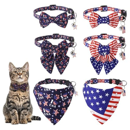 6PCS Independence Cat Collar with Bells Bandana and Bowtie, Breakaway Adjustable Cat Bow Tie Collars, Cute Bow Tie for Kittens Or Certain Puppies - color: Independence Day