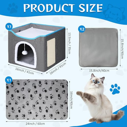 Cinnvoice Heated Cat Bed Indoor for Cats Heated Cat House with 2 Pcs Self Warming Cats Bed 1pc Blankets Self Heating Cube Shelter Cave Condo with Scratch Pad Fluffy Ball for Winter Pet Small Dog