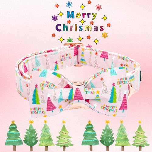 Elegant little tail Christmas Dog Collar, Christmas Tree Pet Collars Bow Pink Metal Buckle Collar Puppy Girl Boy Holiday Cotton Soft Bowtie Adjustable Dog Collar for X-Small Dogs - color: Christmas Tree Pink, size: X-Small (Pack of 1)