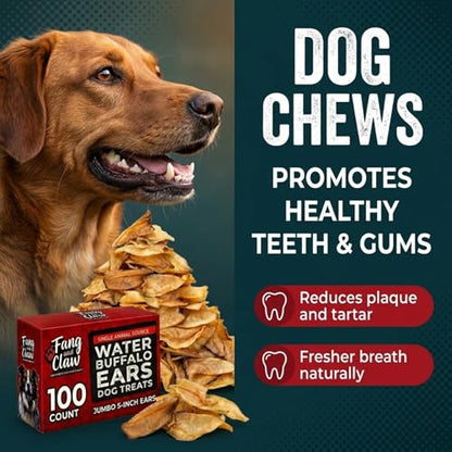 100 Count Water Buffalo Ears for Dogs, Bulk Pack, Jumbo 5-Inch - Pig Ear & Rawhide Alternative, Single-Ingredient Grass-Fed Long-Lasting Natural Dog Chews for Aggressive Chewers - style: 100 Count