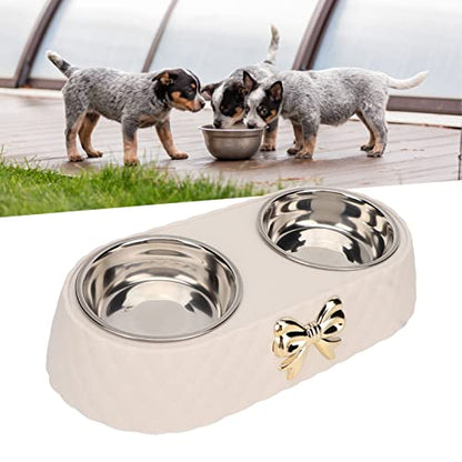 Stainless Steel Double Pet Bowls with Bowknot Decor Holder, Prevent Slip Cat and Dog Food Water Bowls, Cat Food Bowl Elevated, Dog Bowls Elevated, Cat Food and Water Bowl Set(Beige) - color: Beige