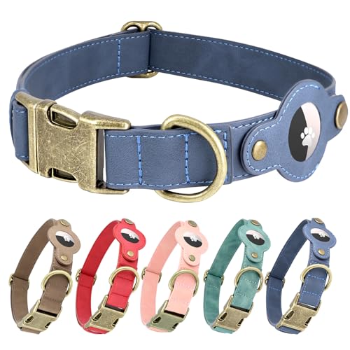 AirTag Dog Collar, Soft PU Leather Dog Collar with AirTag Holder, 1" Wide Adjustable GPS Tracking Collar for Medium Dogs, Heavy Duty Pet Collar with Quick Release Metal Buckle (Navy Blue, M) - color: Navy Blue, size: M 13"-19"