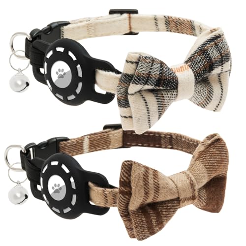 Cat Collar with Airtag Holder, 2 Pack Bow Tie Cat Collars with Bells for Boy and Girl Cats & Kitten Indoor Outdoor, Adjustable Soft Cute Pet Collars
