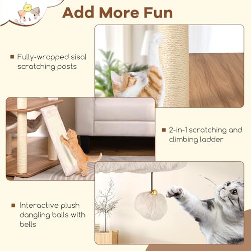 Tangkula Tall Cat Tree, 68 Inch Modern Wood Cat Tower with Sisal Scratching Posts, 3 Padded Perches, Condo, 2-in-1 Ladder, Dangling Balls, Washable Cushions for Indoor Cats Large Adult (Natural)