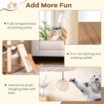 Tangkula Tall Cat Tree, 68 Inch Modern Wood Cat Tower with Sisal Scratching Posts, 3 Padded Perches, Condo, 2-in-1 Ladder, Dangling Balls, Washable Cushions for Indoor Cats Large Adult (Natural)