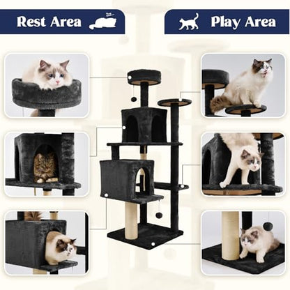 58.5inch Large Cat Tree Tower Condo for Indoor Cats, Soft Plush Multi-Level Climbing Tree Cat House, Scratching Post, More Entrance/Exit, Sisal Rope, Black - color: Black