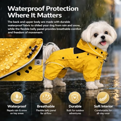 LOVELONGLONG Waterproof Dog Raincoat with Removable Hood – Outdoor Full Body Dog Jacket, Windproof Snowproof Shell Suit – All Season Pet Rain Gear Mustard Yellow XXS - color: Mustard Yellow, size: XXS (Back 9")