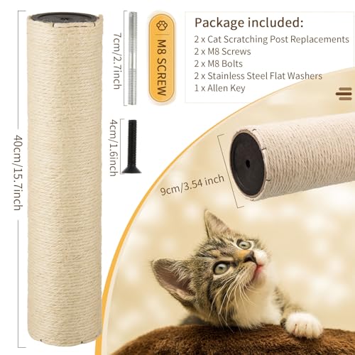2 Root Cat Scratching Post Replacement 15.75x3.54 Cat Tree Scratch Post Replacement Natural Sisal Pole Cat Scratch Post Refill Pole Part with M8 Screws for Kitten Tree Tower Cat Furniture Accessories - color: 40cm/15.75in