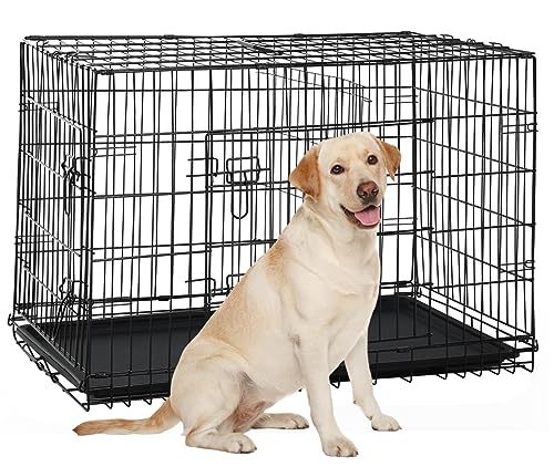 36 Inch Large Dog Crate, Heavy Duty Dog Crates for Large Dogs, Metal Wire Folding Dog Cage with Removable Trays, Locks, Double-Door, Divider Panel, Handle, Puppy Crate Pet Crate (36 in, Black) - color: Black, size: 36.0"L x 23.0"W x 25.0"H