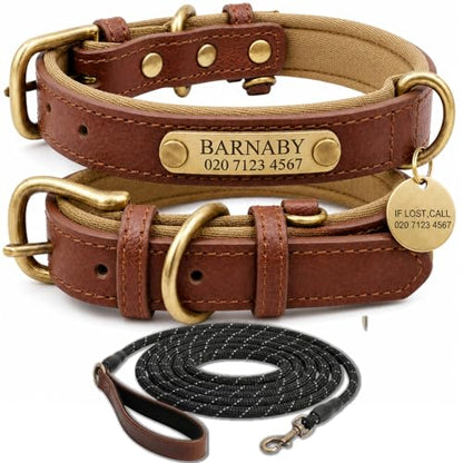 Leather Dog Collar Personalised and Leash Set, Personalized with Soft Padded Design Heavy Duty Featuring Custom Engraved Name Plate for Small Medium and Large Dogs - color: Brown collar with leash, size: XS:（neck 18-27cm,width 1.5cm）
