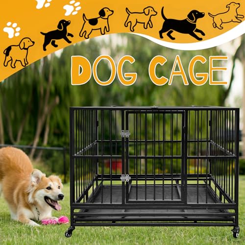 46" Heavy Duty Dog Crates Dog Cage for Large Dogs with Lockable Wheels Removable Tray Escape Proof Dog Cage Dog Kennel Indoor and Outside Suitable for High Anxiety Dogs Double Doors 94.1lbs