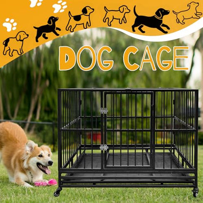 46" Heavy Duty Dog Crates Dog Cage for Large Dogs with Lockable Wheels Removable Tray Escape Proof Dog Cage Dog Kennel Indoor and Outside Suitable for High Anxiety Dogs Double Doors 94.1lbs