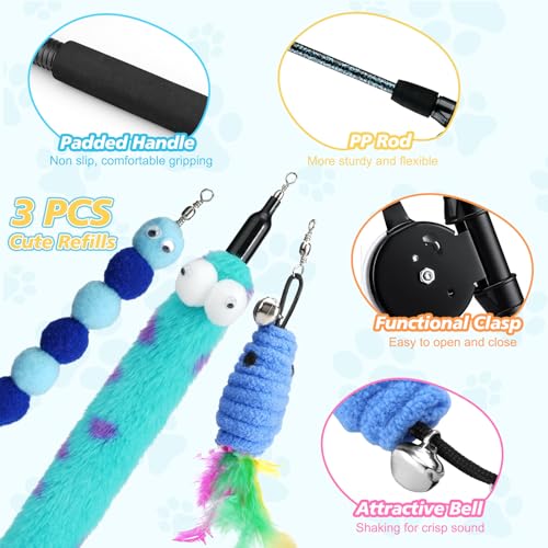 Pawaboo Cat Teaser Wand Toys, Cat Fishing Pole Toy with 3 Pack Feather Refills, 3-Section Retractable Kitten Feather Toys with Pulley, Indoor Cats Teaser Catcher Exerciser with Bell, Blue - color: Plush-Blue