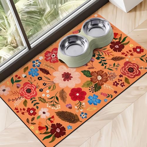 Dog Food Mats for Floors, Absorbent Dog Bowl Mat for Food and Water Dispenser Mat, Quick Dry Cat Food Mat Pet Supplies - color: Floral Orange, size: S(12"×20")