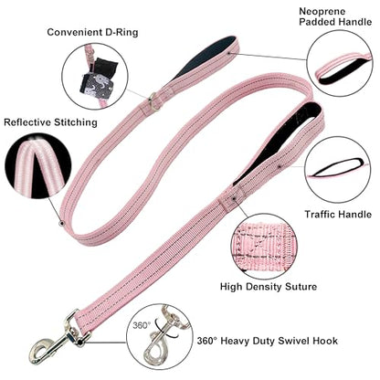Dual Padded Handle Standard Dog Leashes with Reflective Stitching,360° Rotatable Heavy Duty Metal Buckle,D-Ring,Durable Nylon,for Medium Sized Dogs from 20 to 60 Pounds Walking and Training Pink 5Ft - color: Pink, size: 5Ft